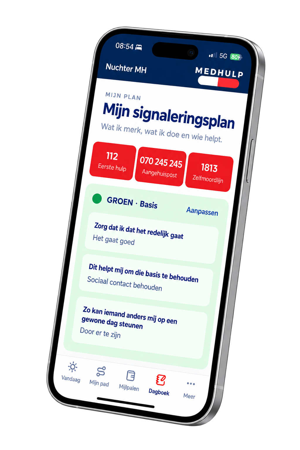 Scherm Mijn signaleringsplan met hulpnummers en groene fase