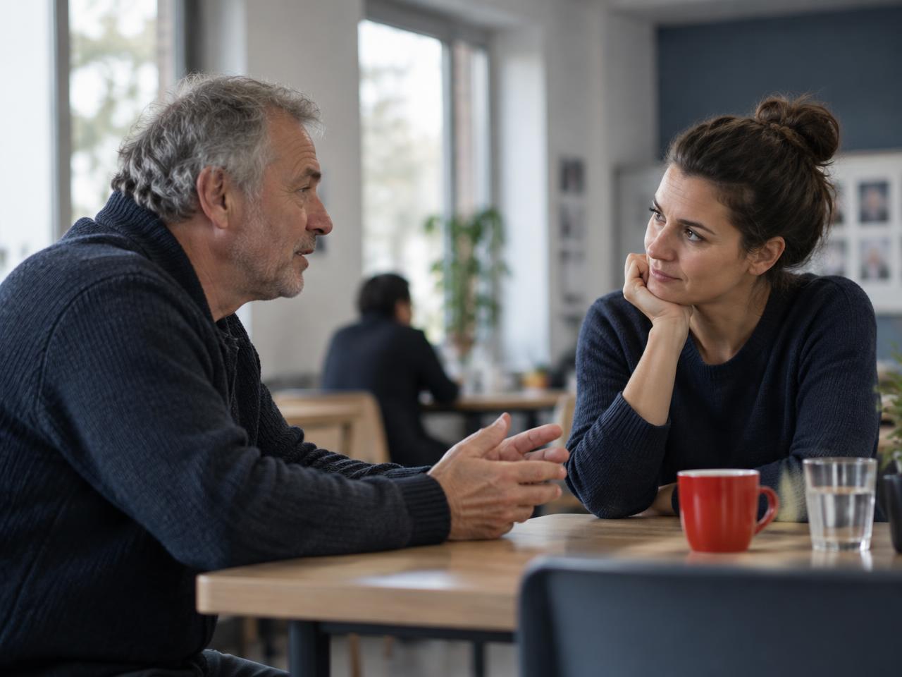 Twee mensen praten met aandacht aan een tafel